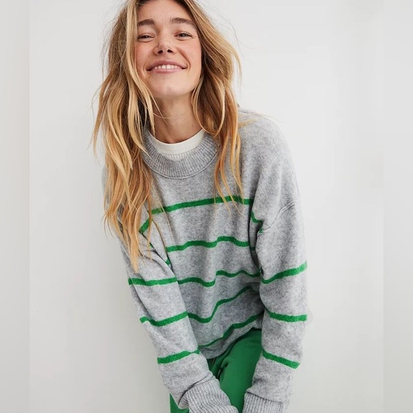 aerie Sweaters - aerie Gray Crewneck Sweater with Green Stripes